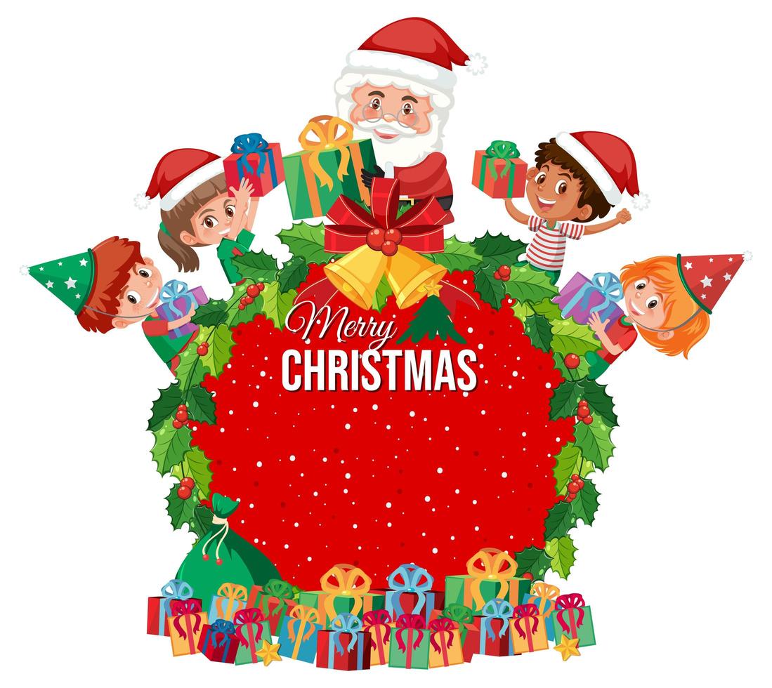 Merry Christmas wreath frame with Santa and elves vector