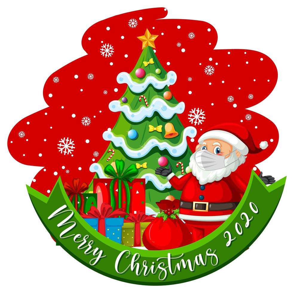 Merry Christmas 2020 text with masked Santa and tree vector