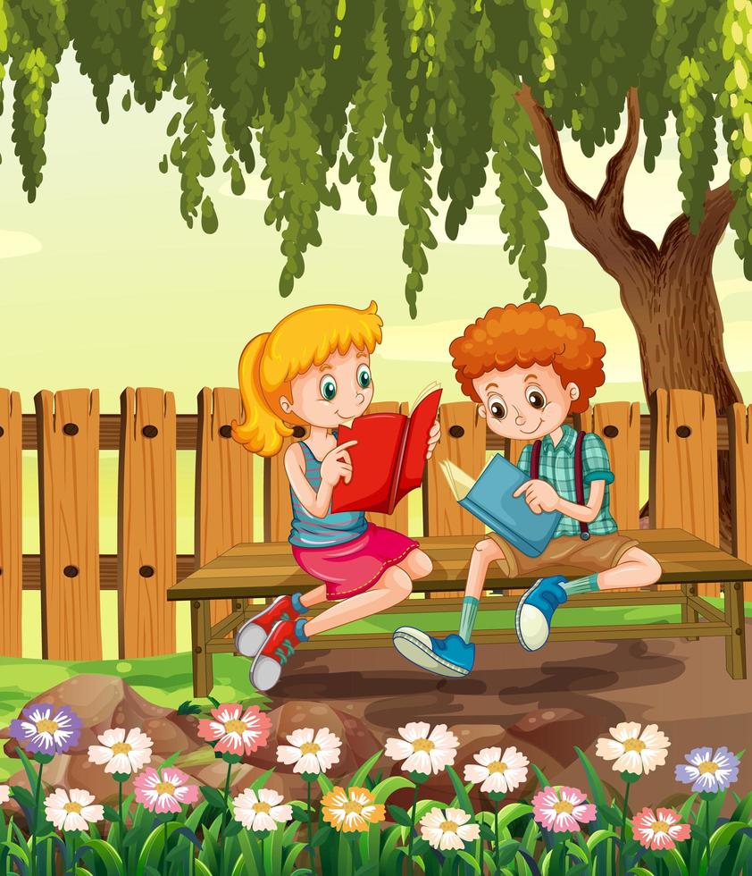Young boy and girl reading in garden scene vector
