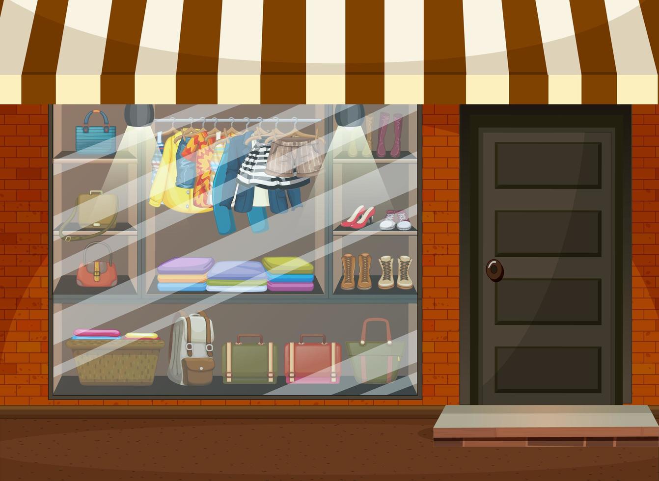 Front of clothing store showcase with clothes and accessories vector