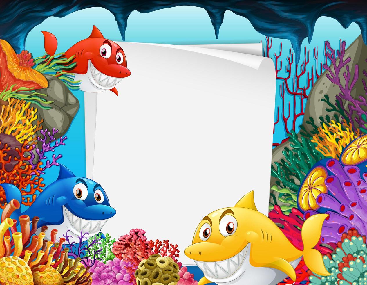 Blank paper template with many sharks underwater vector