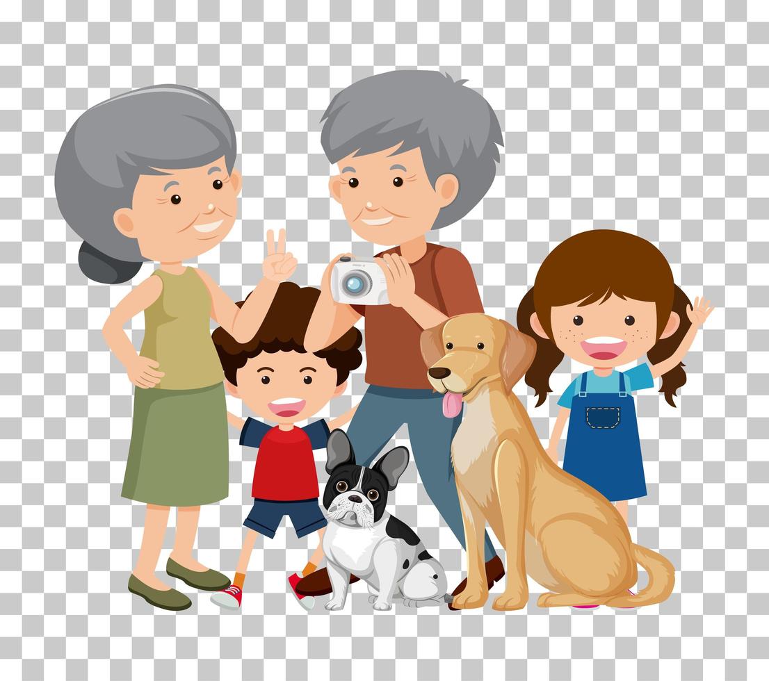 Old couple and grandchild with their pet dogs vector