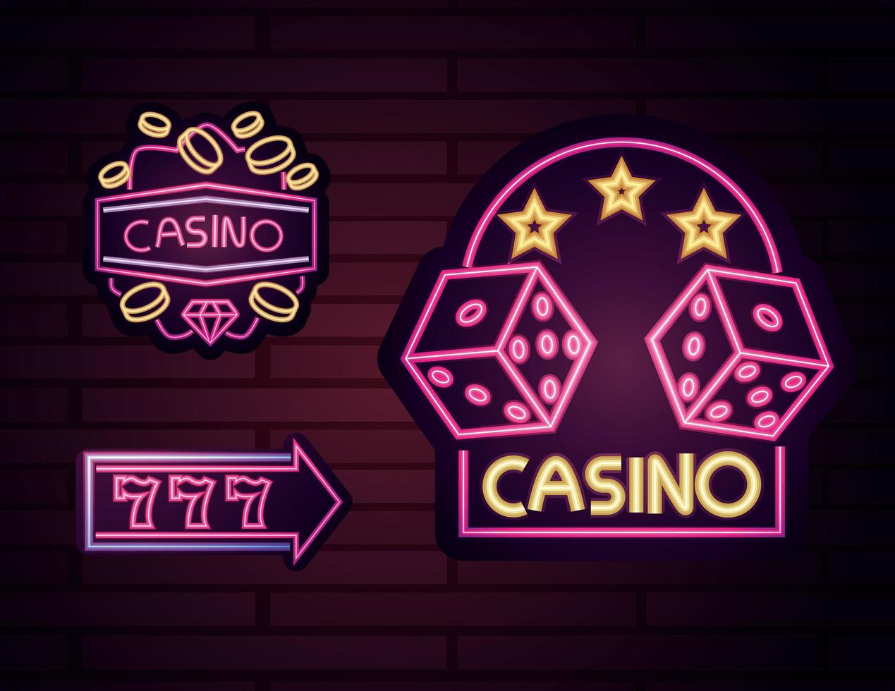 Casino neon light sign set vector