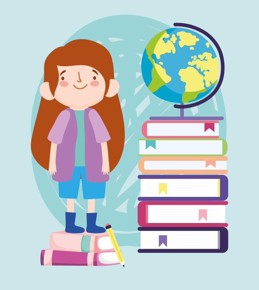 Student girl standing on a stack of books vector