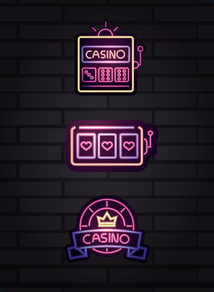 Casino neon light sign set vector