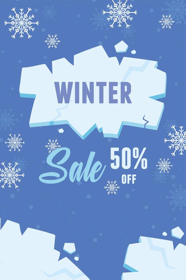 Venta de invierno y banner publicitario con copos de nieve. vector