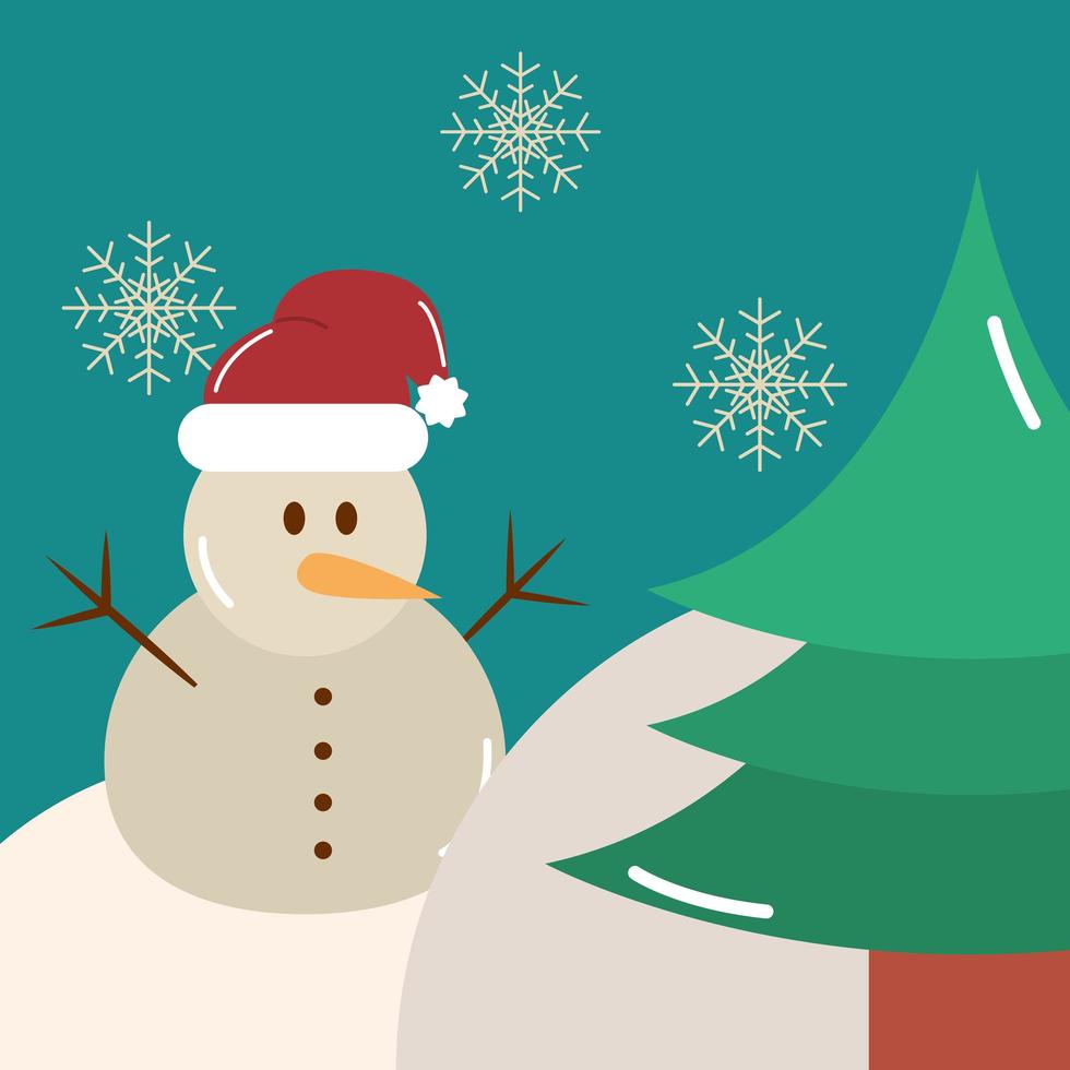 Feliz Navidad, árbol de muñeco de nieve y decoración de copos de nieve. vector