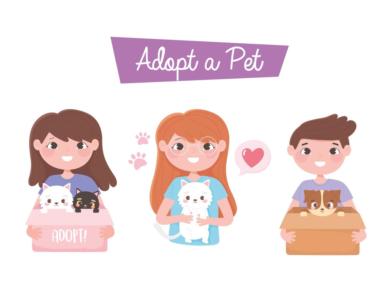 Pet adoption with people holding cats and dogs vector