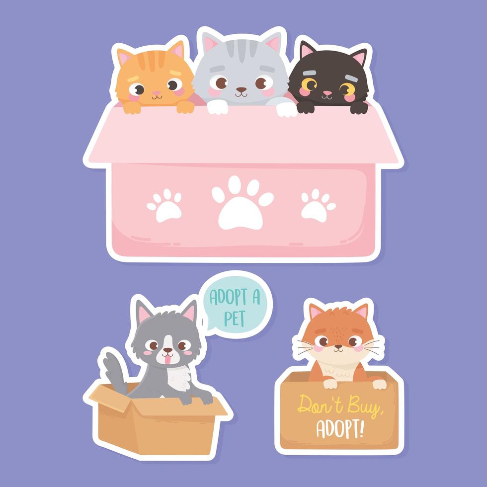 Pet adoption with cute animals and adoption signs vector