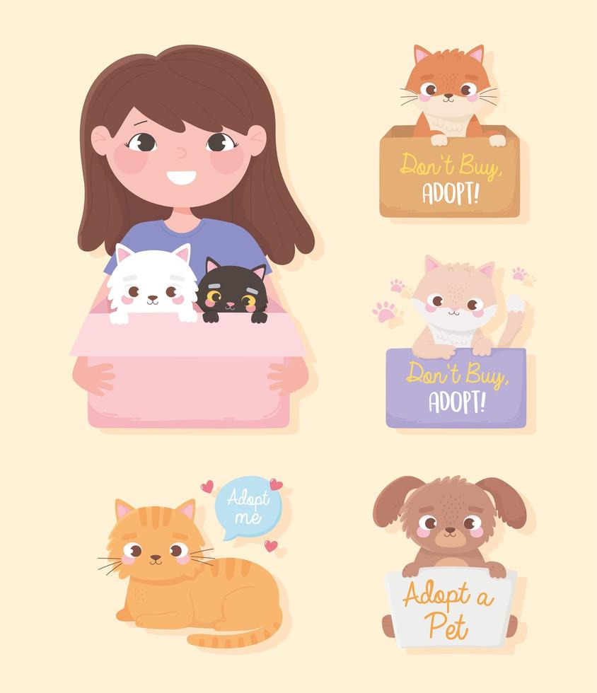 Pet adoption with girl with cats vector