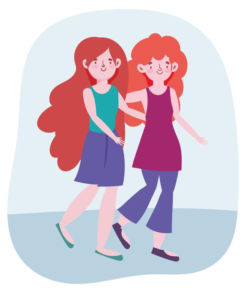 Young women hugging and walking vector