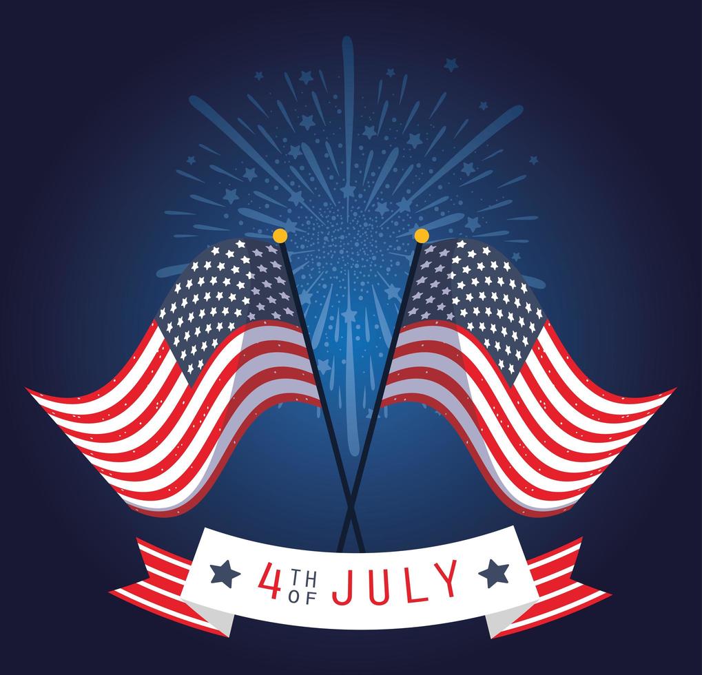 4th of July celebration banner with fireworks and flags vector