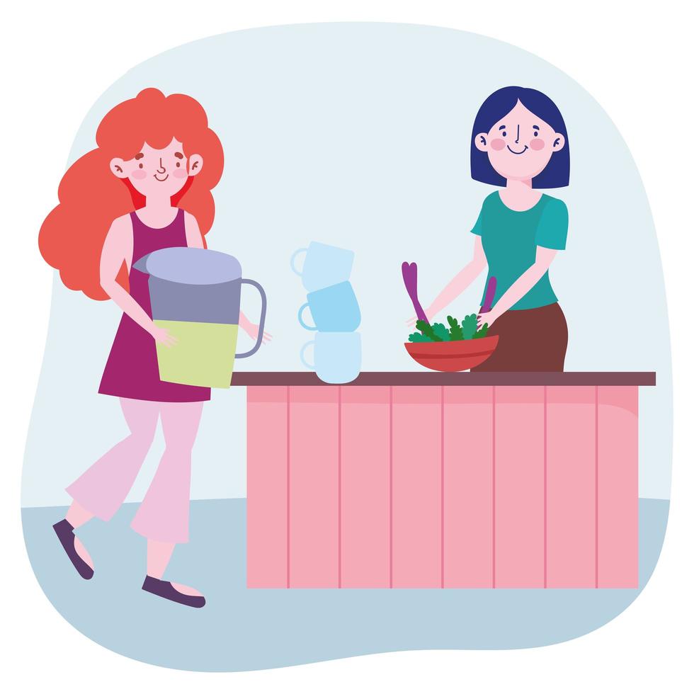 mujeres cocinando comida en la cocina vector