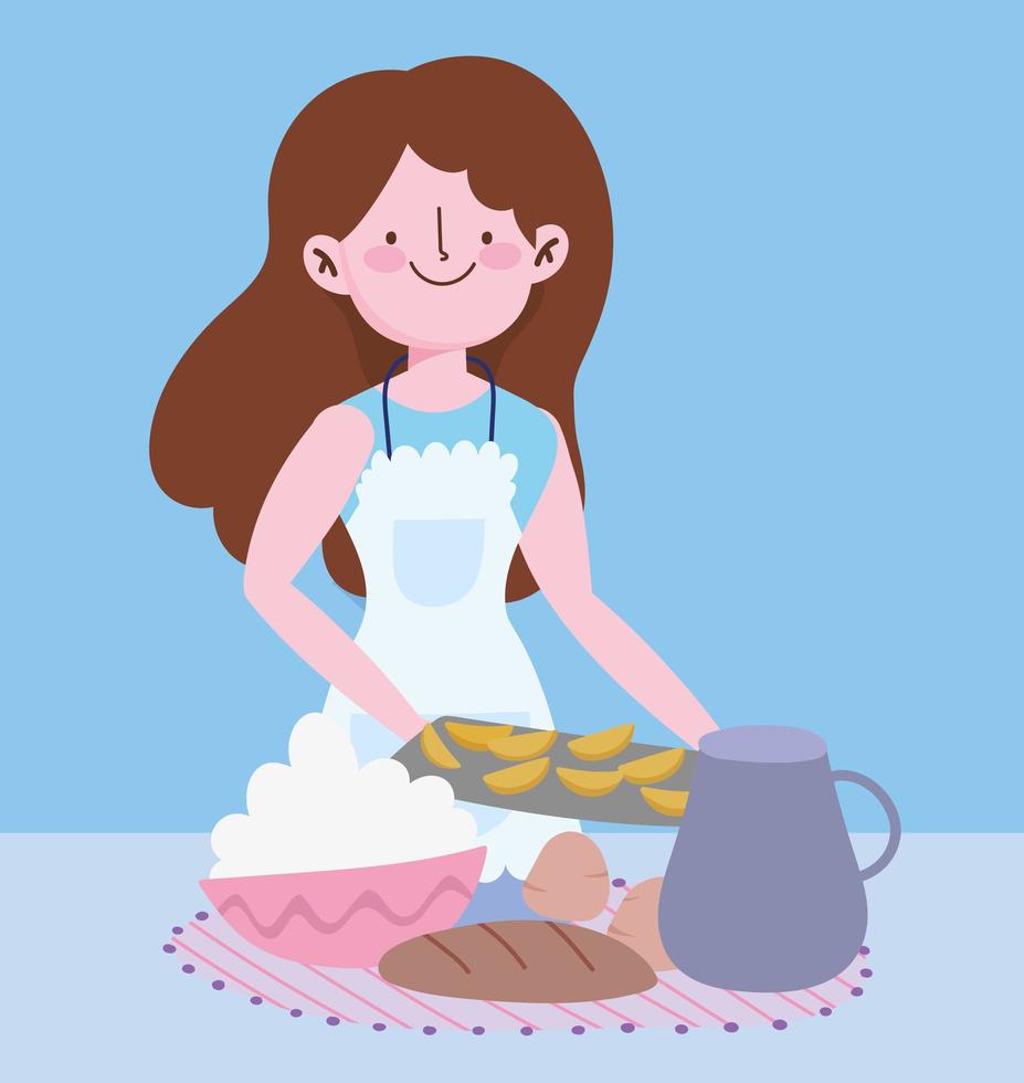 Woman baking with ingredients vector