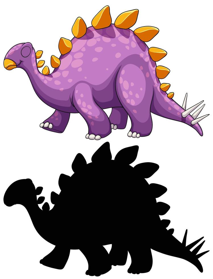 Conjunto de personaje de dibujos animados de dinosaurios y su silueta sobre fondo blanco. vector