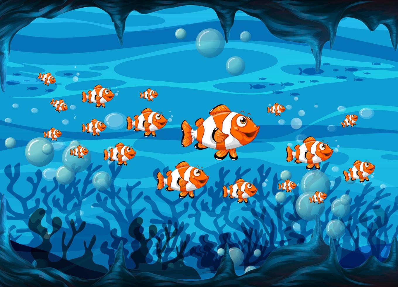muchos personajes de dibujos animados de peces exóticos en el fondo submarino vector