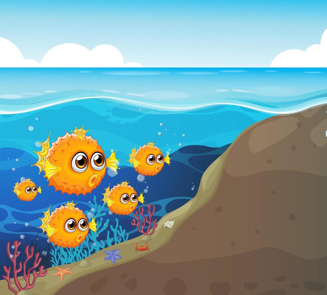 Many exotic fishes cartoon character in the underwater background vector