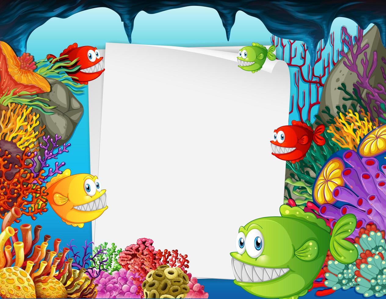 Banner de papel en blanco con peces exóticos y elementos de la naturaleza submarina en el fondo submarino vector