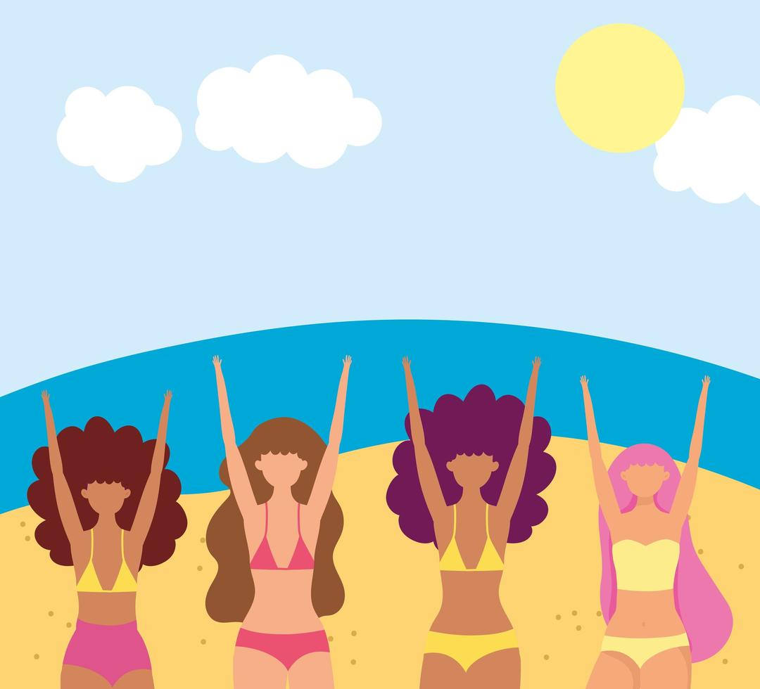 mujeres en la playa haciendo actividades de verano. vector