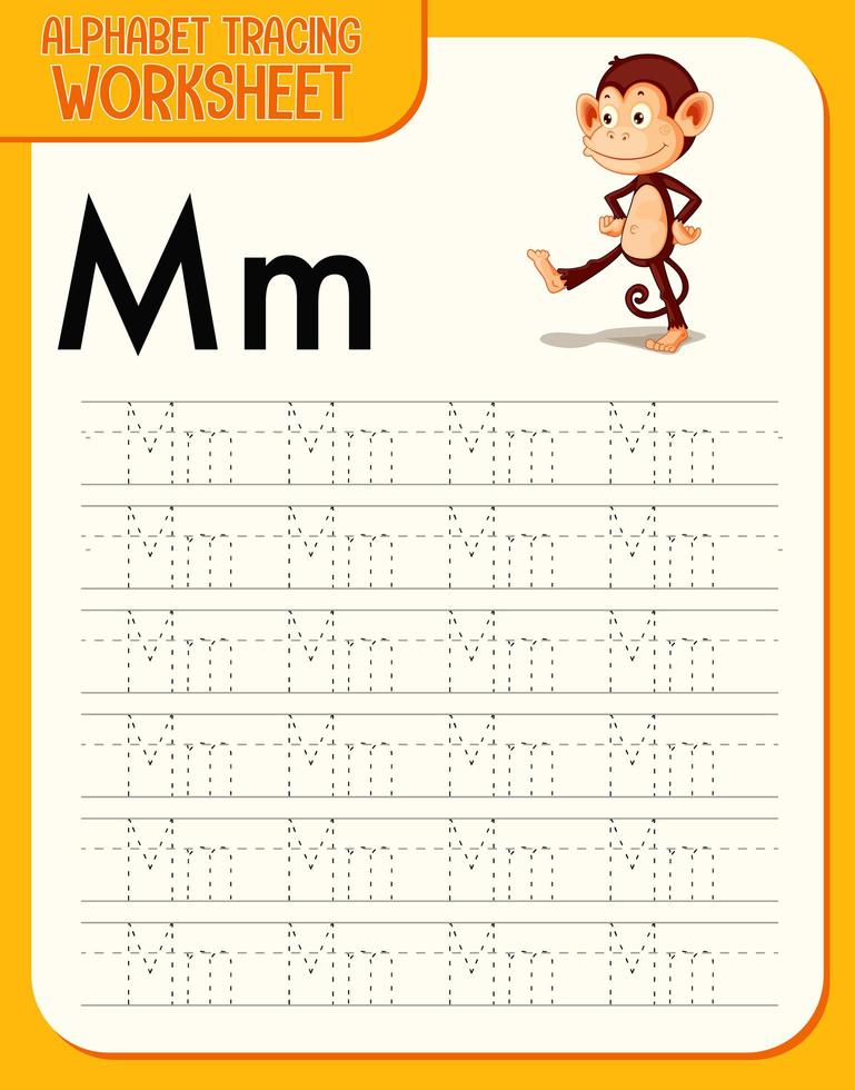 Alphabet tracing worksheet with letter M and m vector