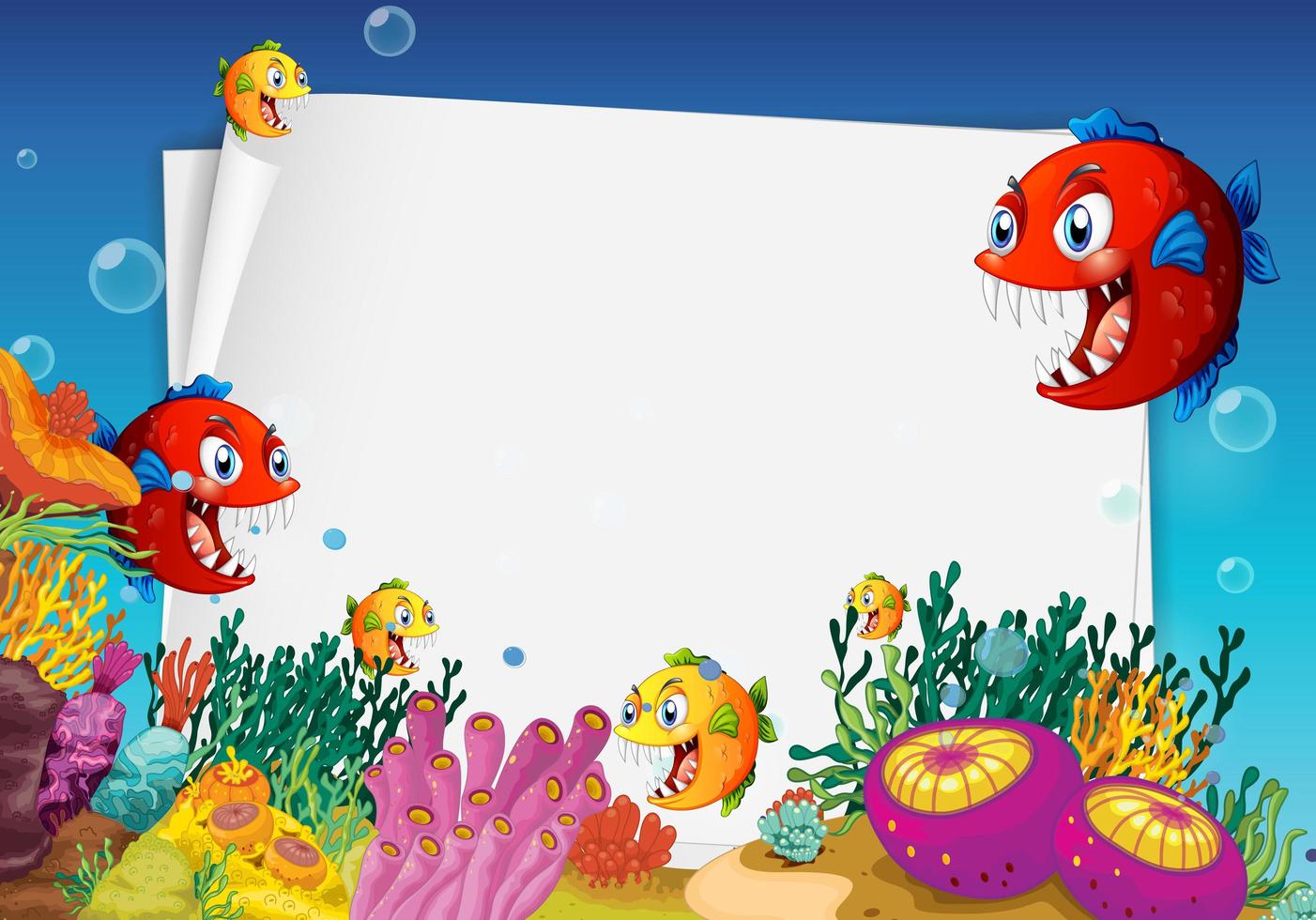 Blank paper template with exotic fishes cartoon character in the underwater scene vector