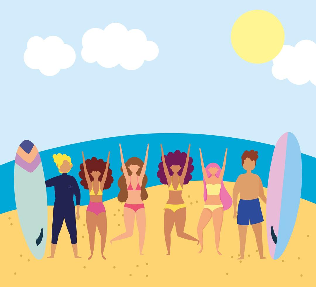 People at the beach doing summer activities vector