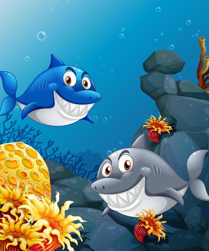 muchos tiburones personaje de dibujos animados en el fondo submarino vector