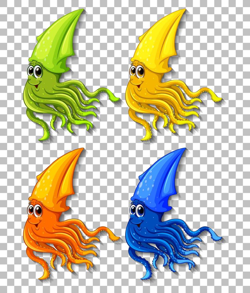 Set of different color squid cartoon character on transparent background vector