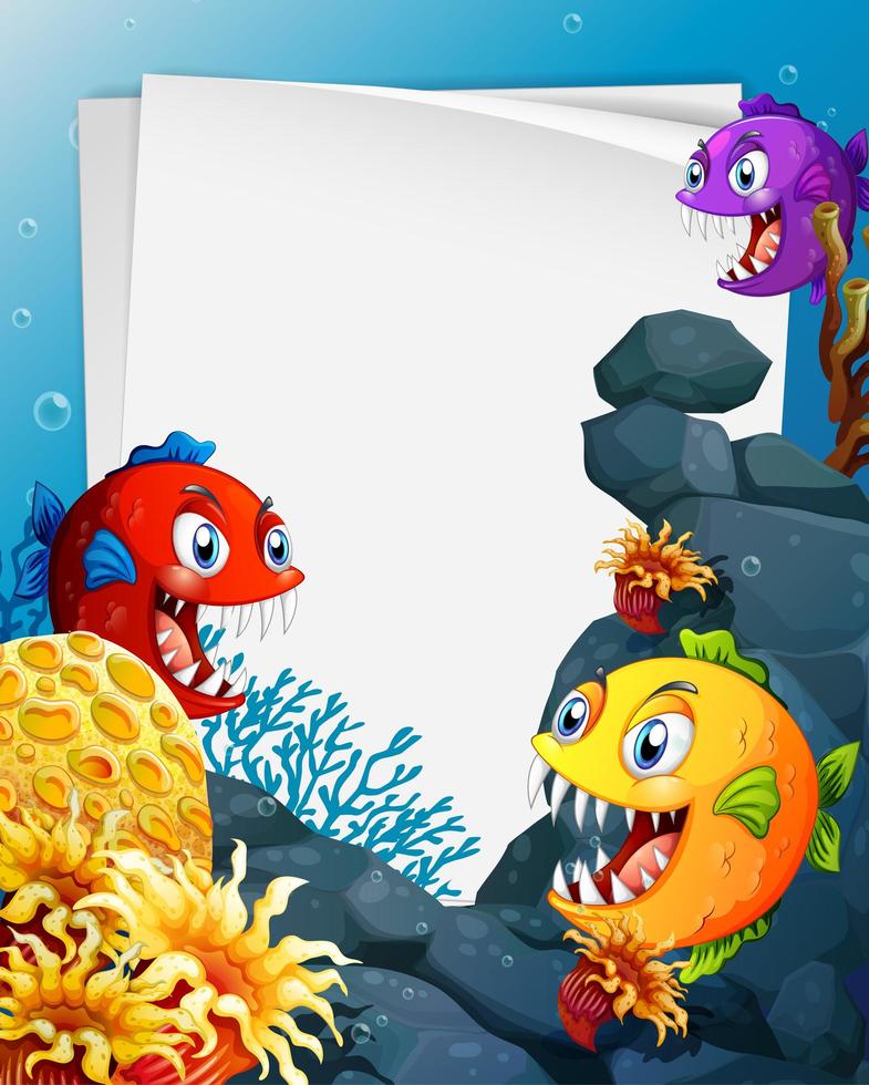 Blank paper template with exotic fishes cartoon character in the underwater scene vector