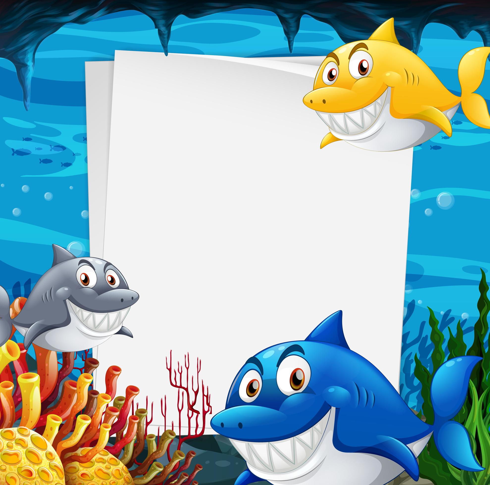 Blank paper template with many sharks cartoon character in the ...