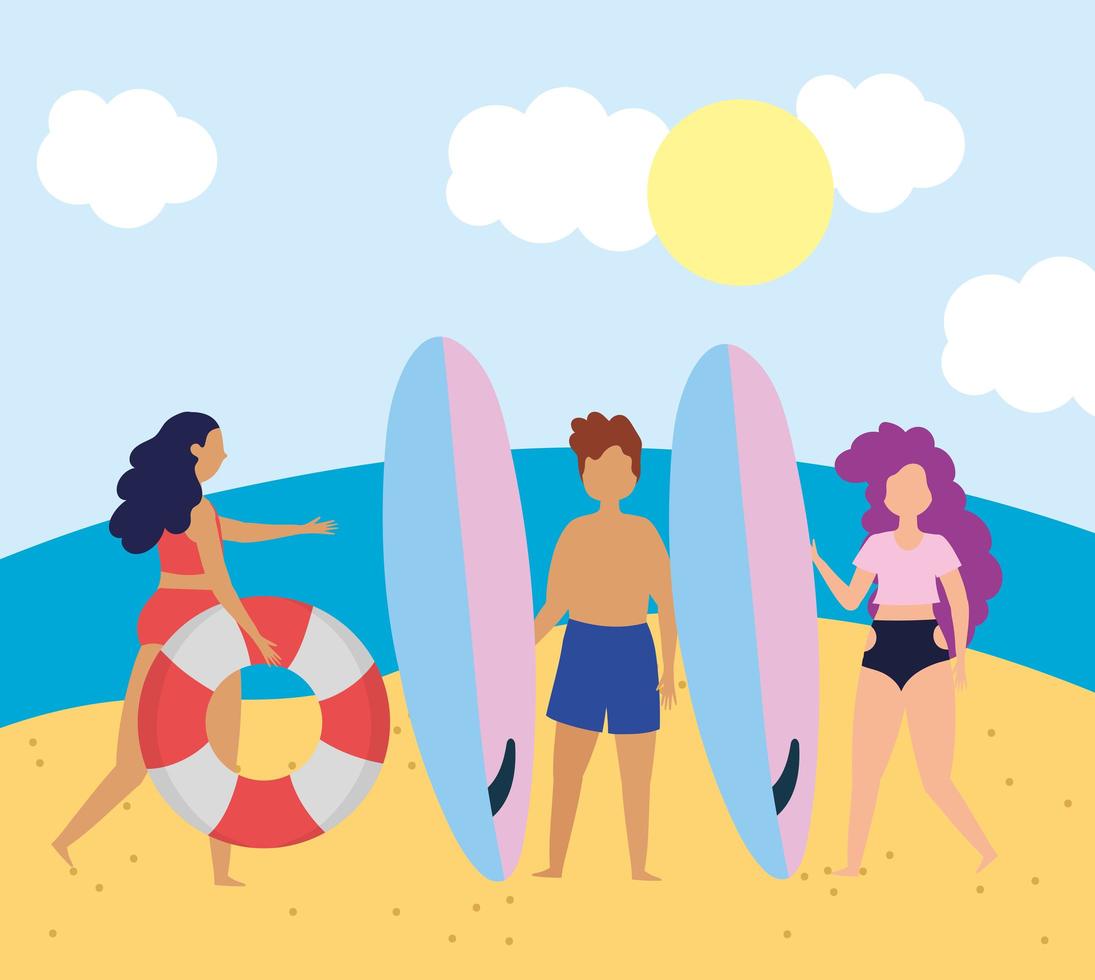 People at the beach doing summer activities vector