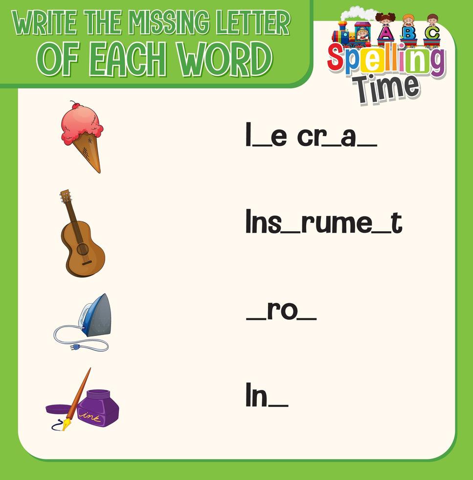 Write the missing letter of each word worksheet for children vector