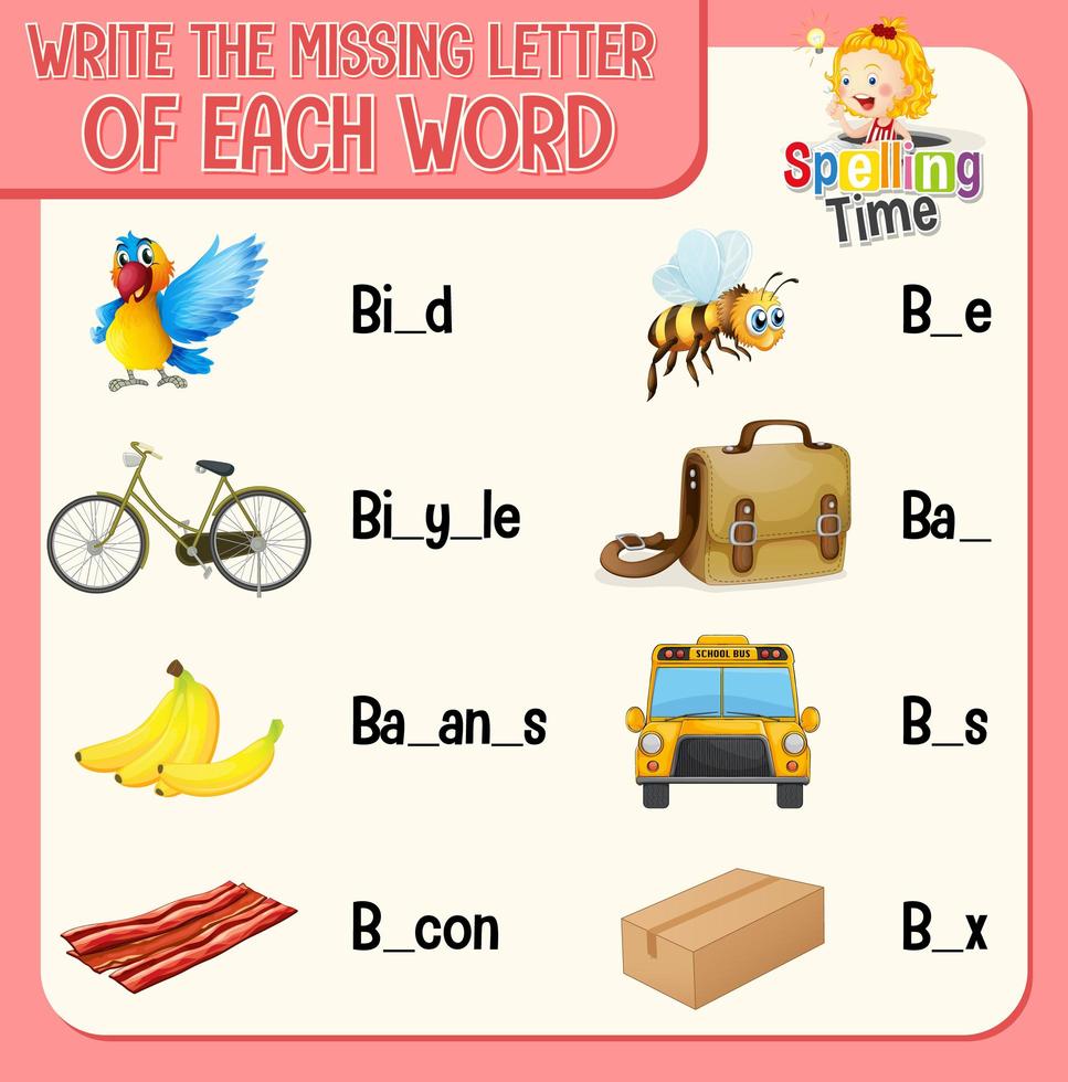 Fill the missing letter of each word worksheet for children vector