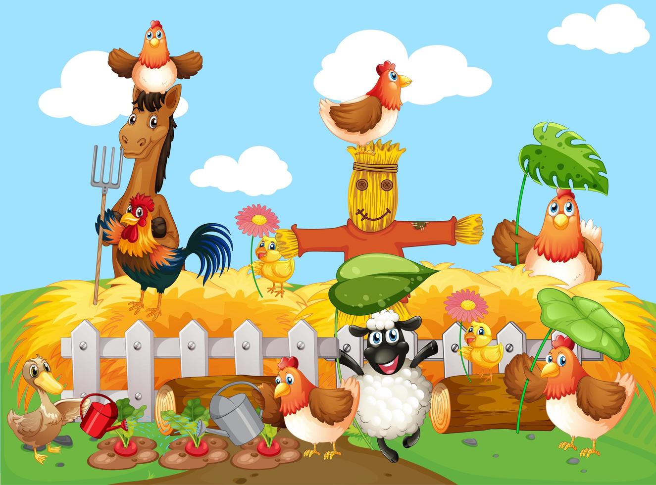 escena de la granja con estilo de dibujos animados de granja de animales vector