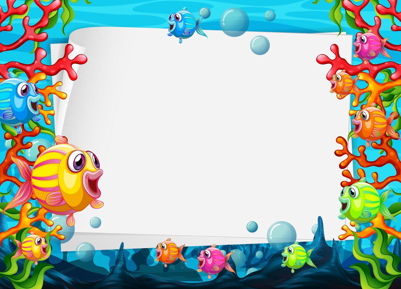 Plantilla de papel en blanco con coloridos peces exóticos personaje de dibujos animados en la escena submarina vector
