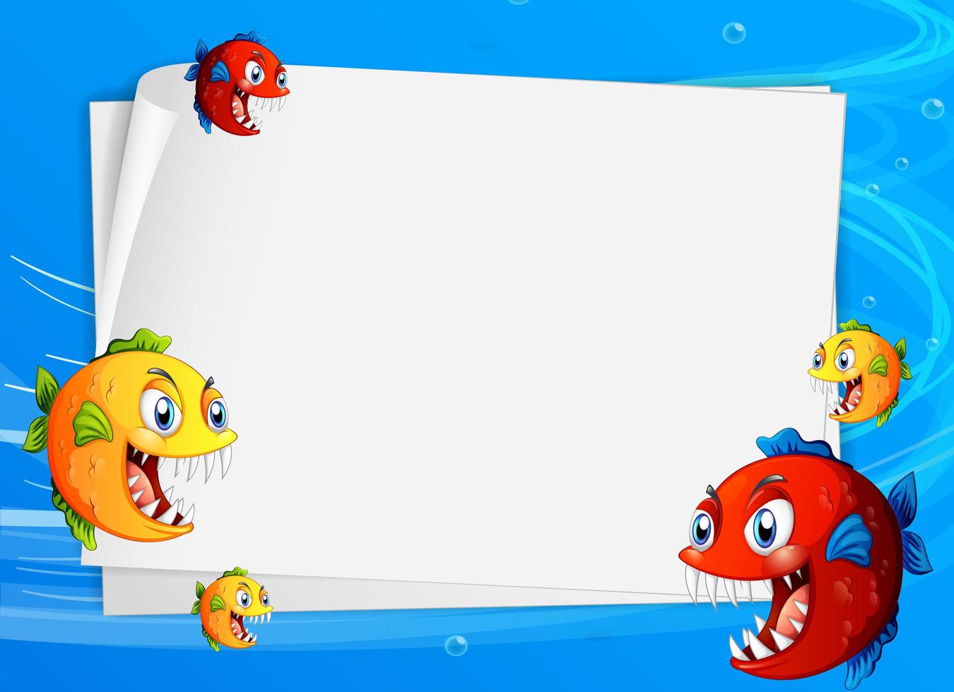 Blank paper template with exotic fishes cartoon character in the underwater scene vector