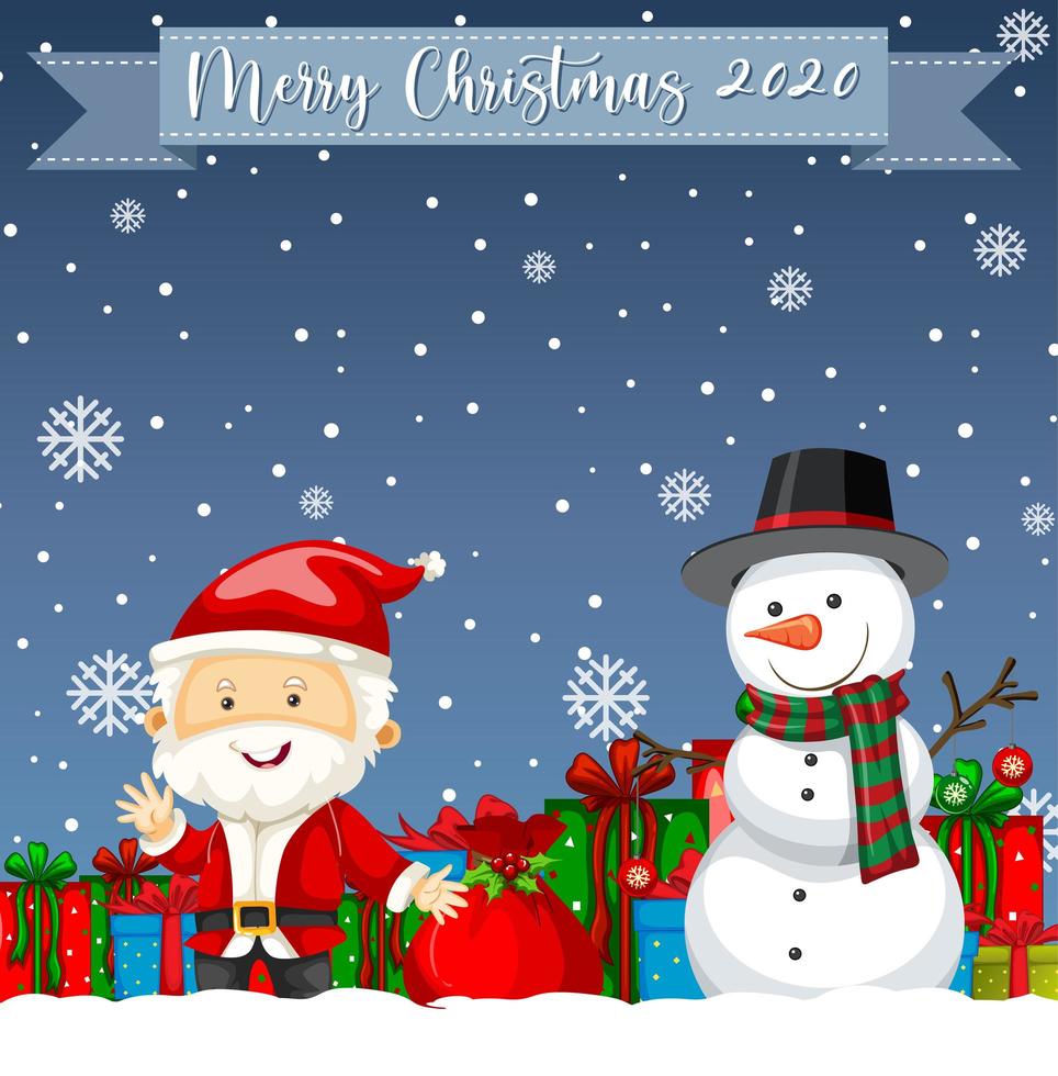 Merry Christmas 2020 font logo with santa claus cartoon character vector