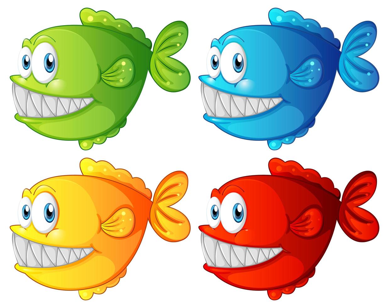 Conjunto de personaje de dibujos animados de peces exóticos de diferentes colores sobre fondo blanco. vector