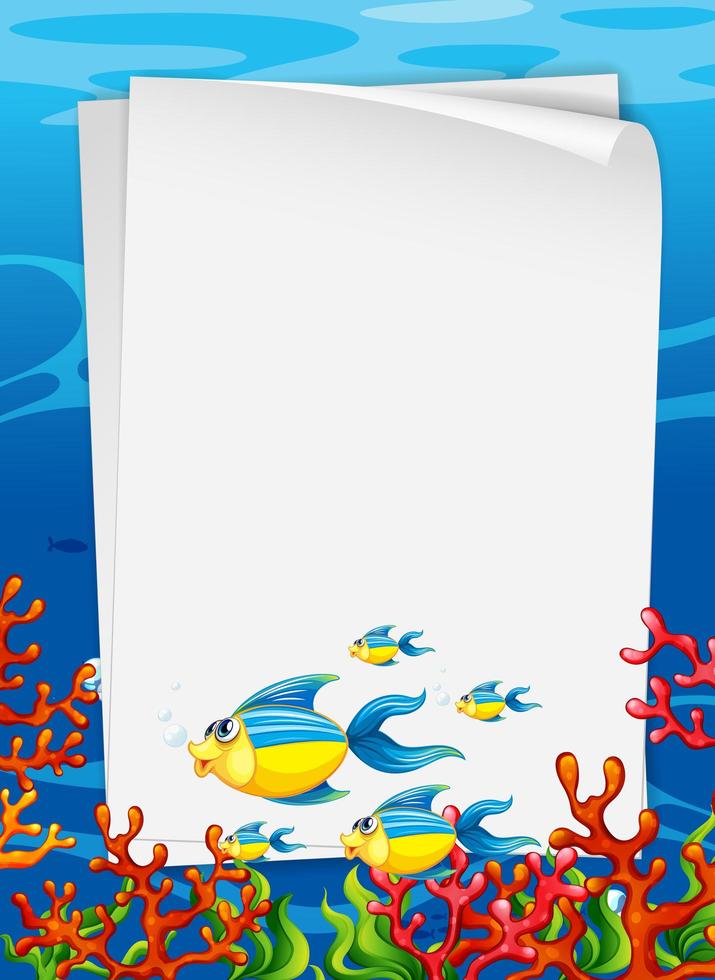 Blank paper template with exotic fishes cartoon character in the underwater scene vector