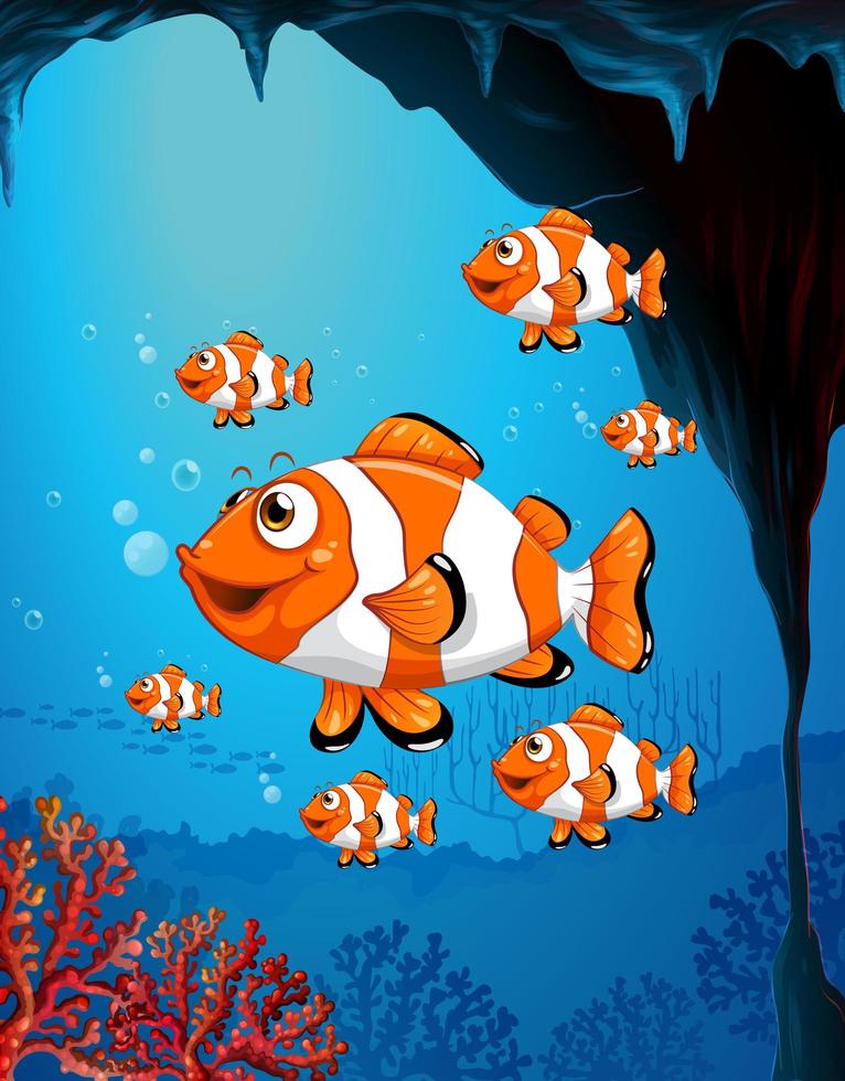 Many exotic fishes cartoon character in the underwater scene with corals vector