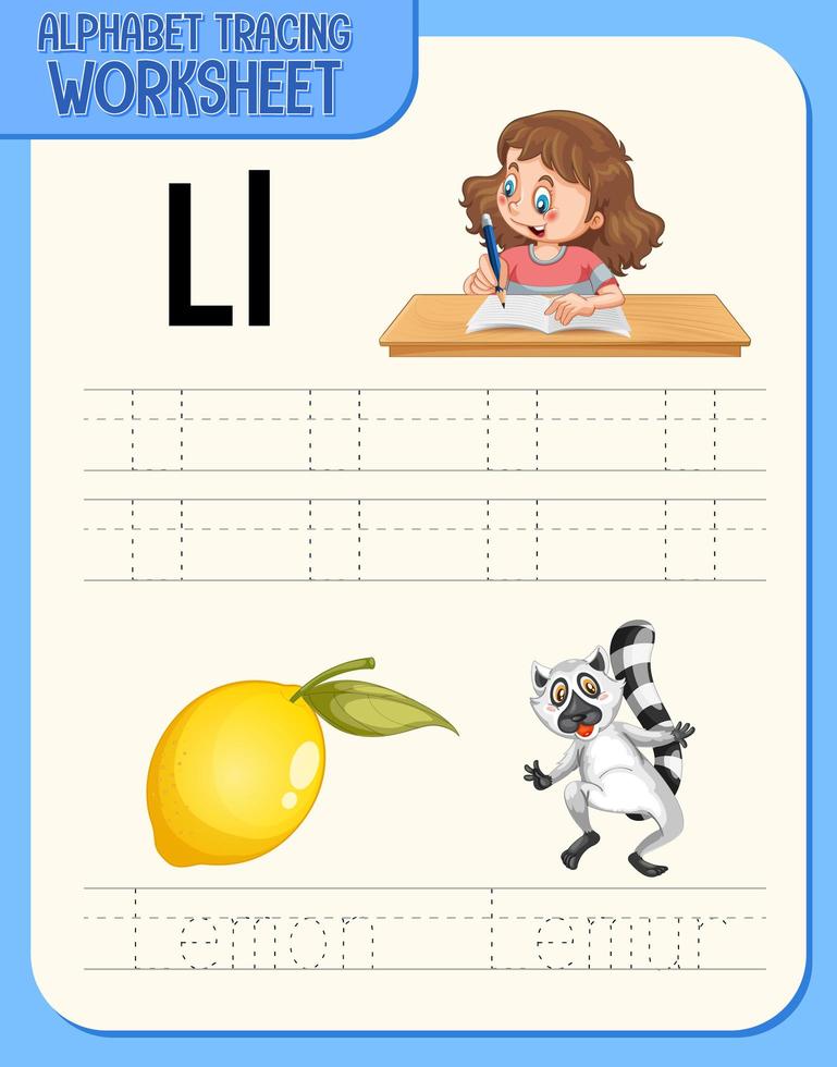 Alphabet tracing worksheet with letter and vocabulary vector