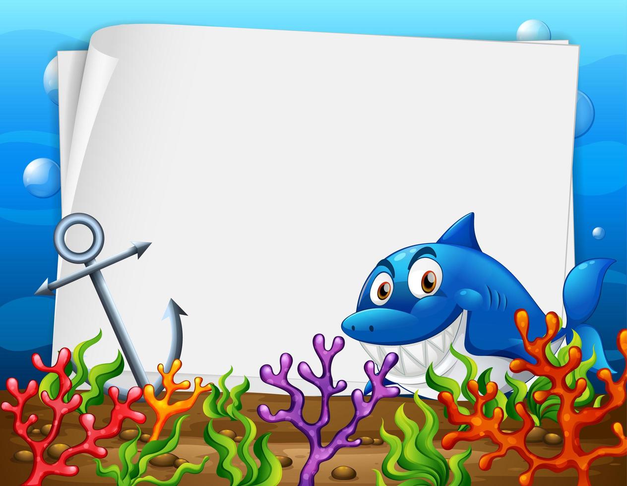 Blank paper template with a shark cartoon character in the underwater scene vector