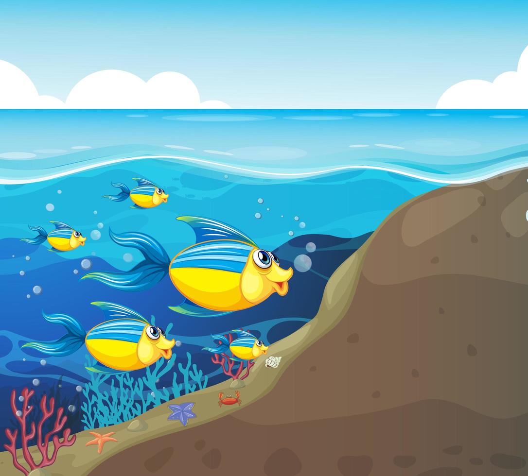 muchos personajes de dibujos animados de peces exóticos en el fondo submarino vector