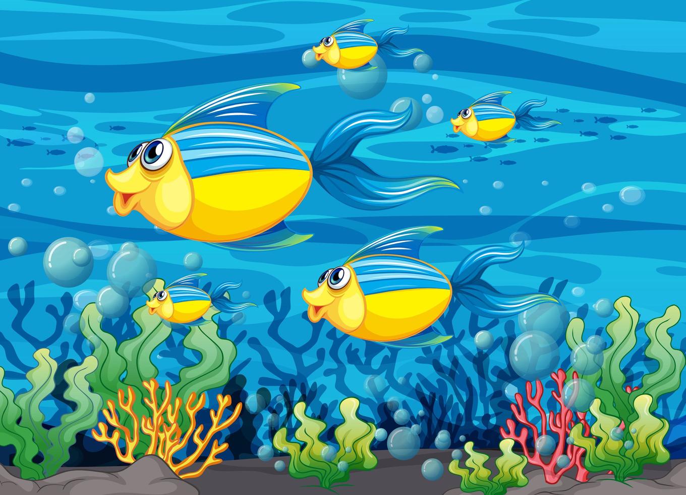 muchos personajes de dibujos animados de peces exóticos en el fondo  submarino 1482216 Vector en Vecteezy