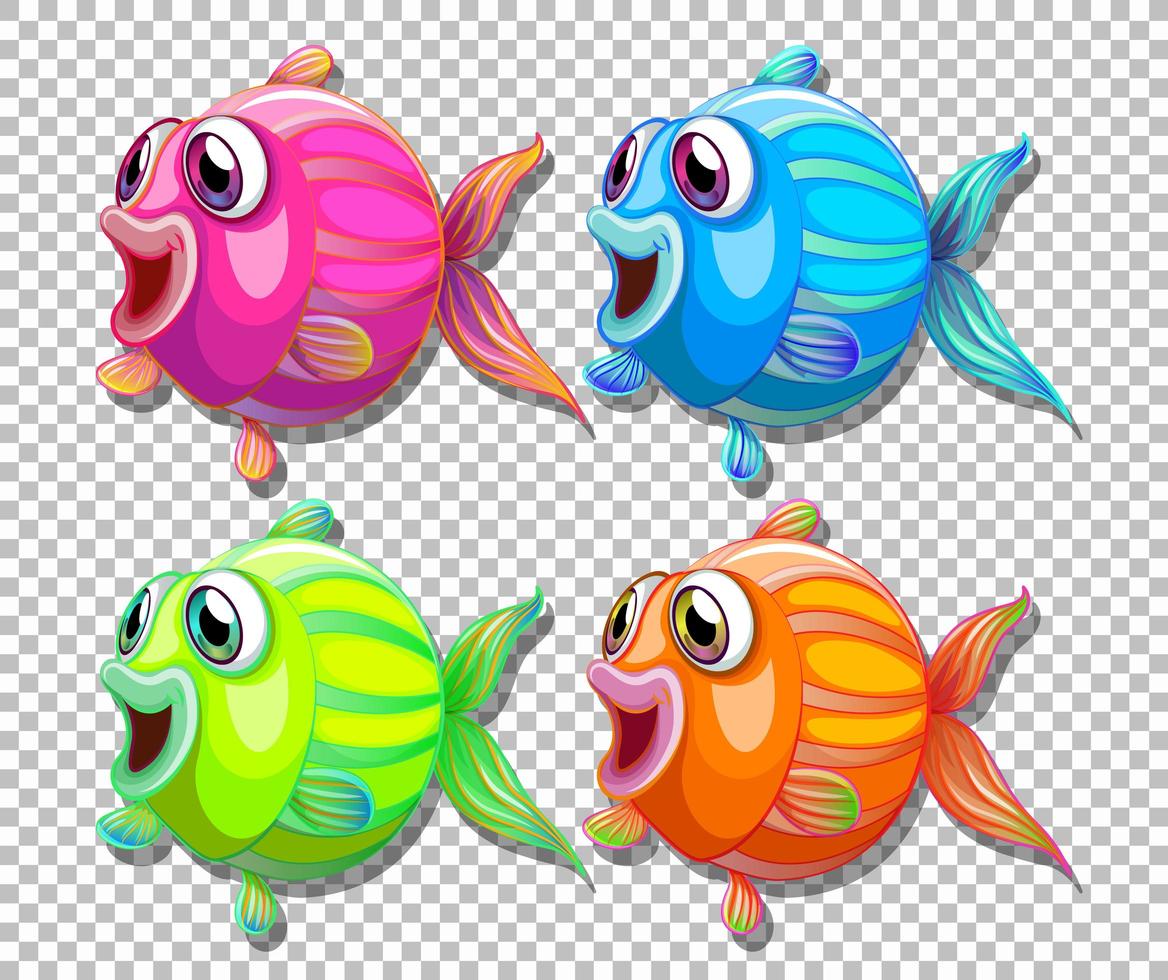 Conjunto de peces de diferentes colores con personaje de dibujos animados de ojos grandes sobre fondo transparente vector