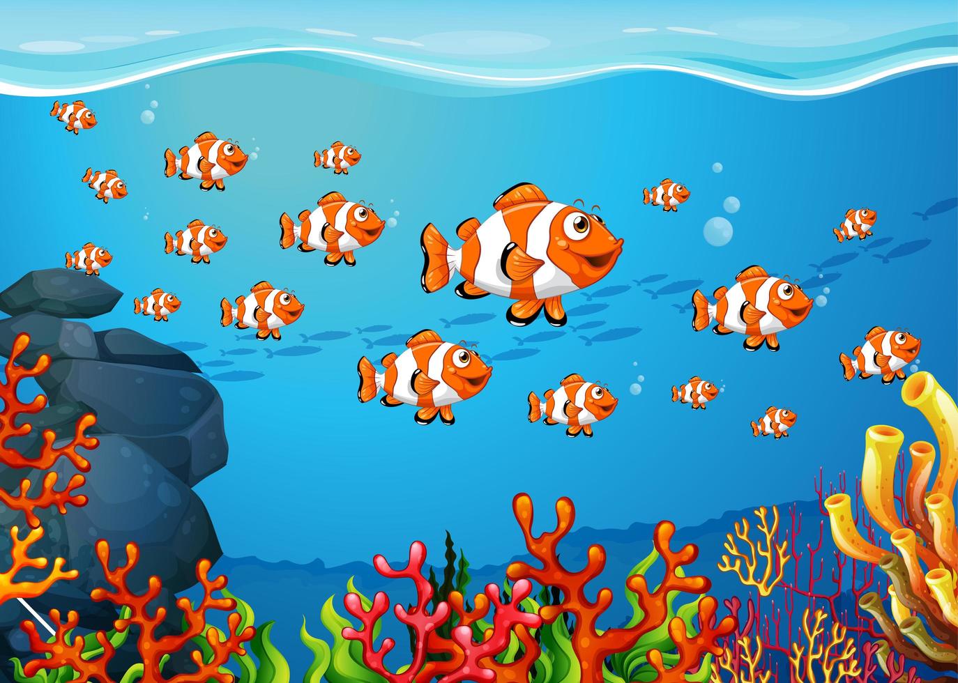 Many exotic fishes cartoon character in the underwater background vector