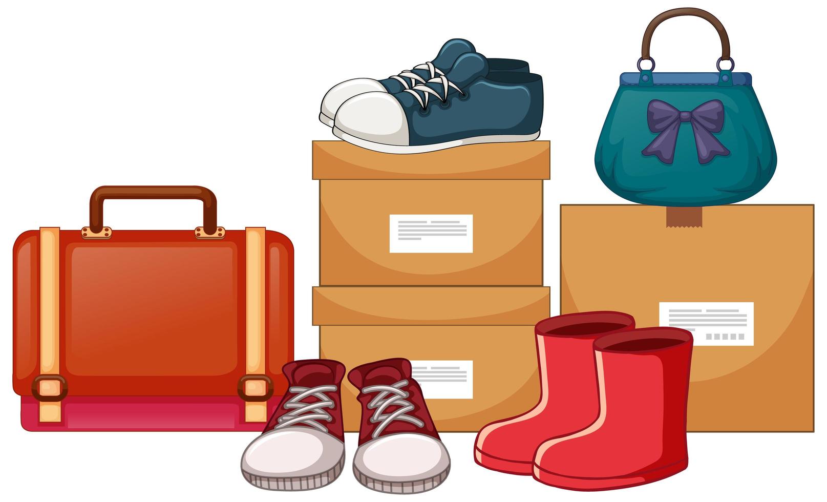 Bolsos y zapatos con las cajas sobre fondo blanco. vector