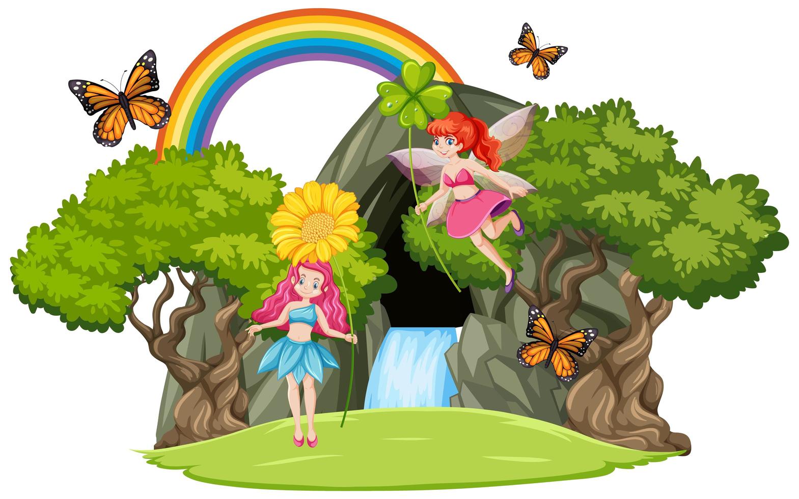 Fairy tales with waterfall cave and rainbow isolated on white background vector