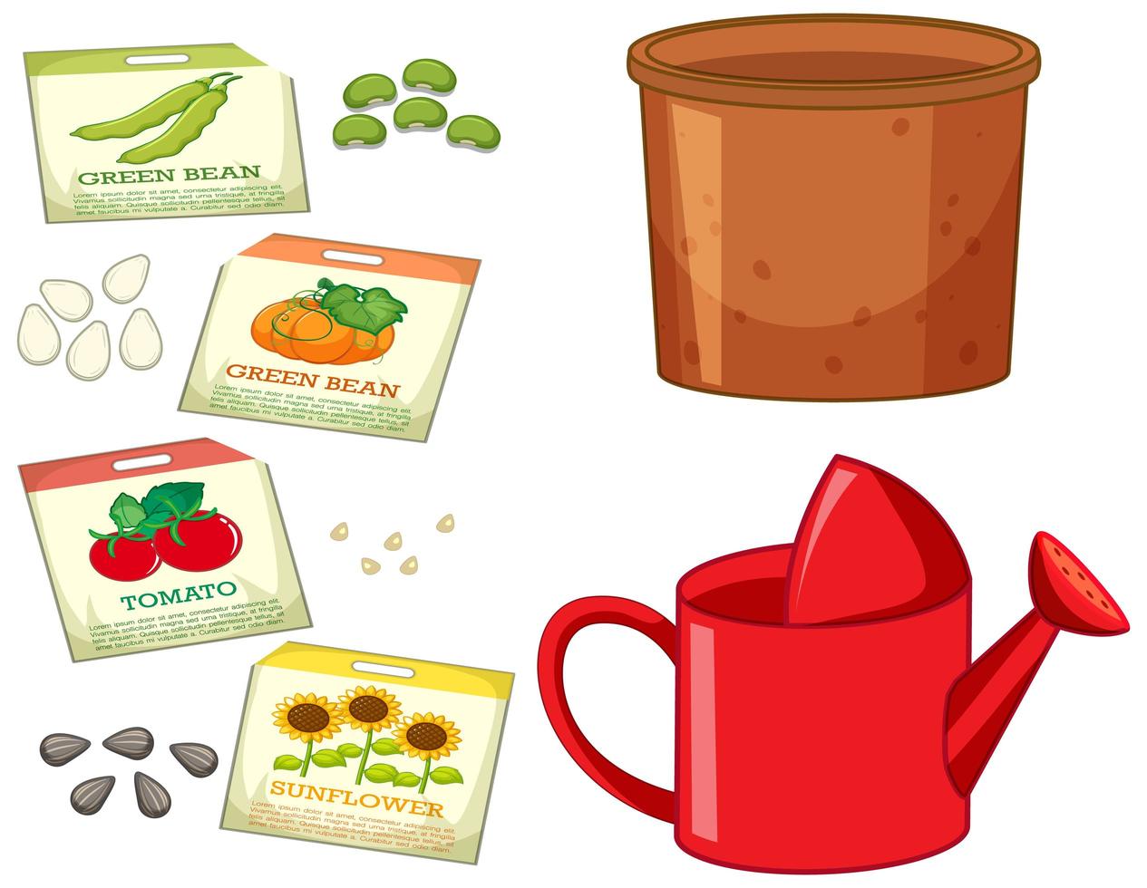 Set of different seeds in package with gardening tools vector