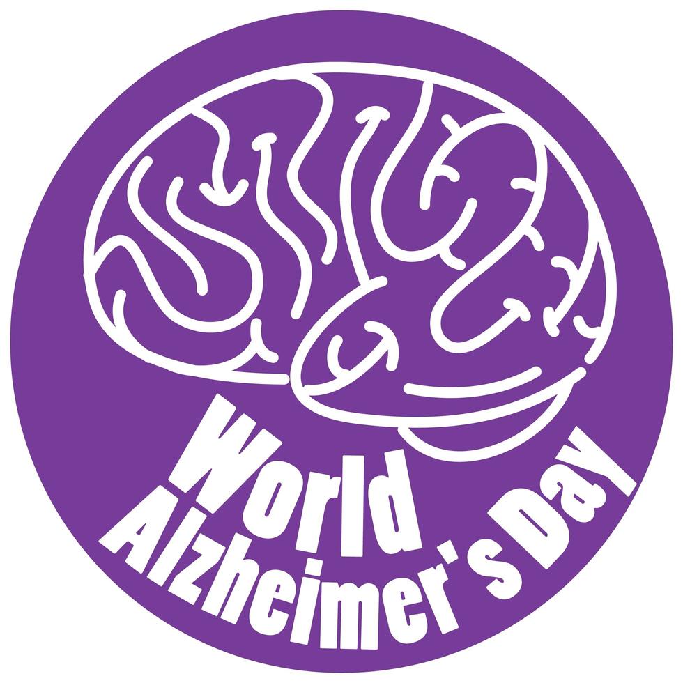 Logotipo del día mundial del alzheimer en morado con signo de cerebro aislado sobre fondo blanco. vector